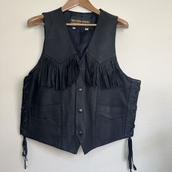 Western Rodeo Leather‎ Biker Vest Men's XL  Black Eagle Fringe Western Rocker - Picture 2 of 11